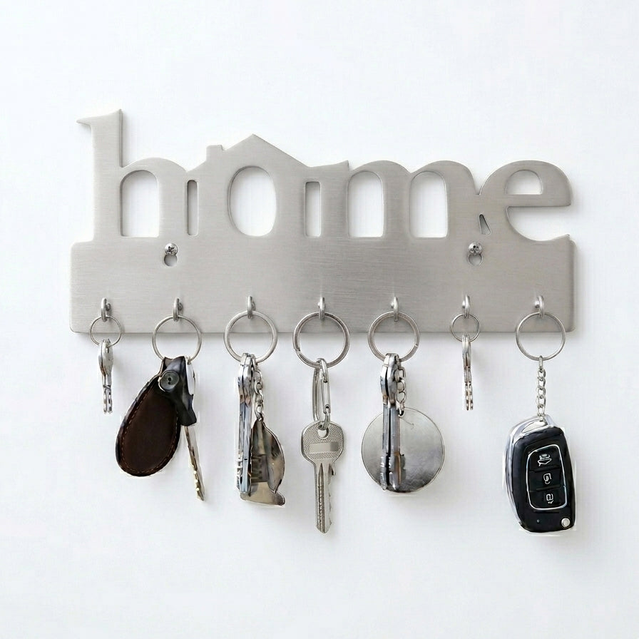 "home" Wall Key Holder with 7 Hooks – Laser-Cut Metal & Wood | Entryway Décor