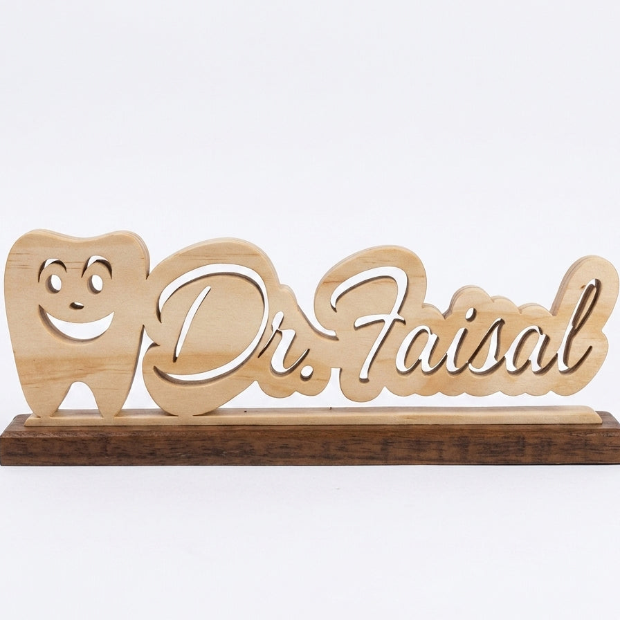 Customized Dentist Name Smiling Tooth Script Desk Décor – Handcrafted Wood | Dentist Gift | 5 Colors