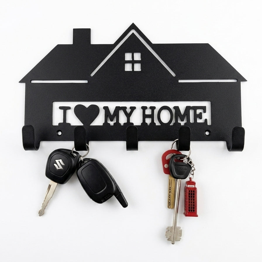 I Love My Home House-Shaped Wall Key Holder with 5 Hooks – Laser-Cut | Entryway Décor