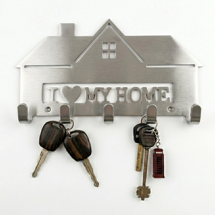 I Love My Home House-Shaped Wall Key Holder with 5 Hooks – Laser-Cut | Entryway Décor