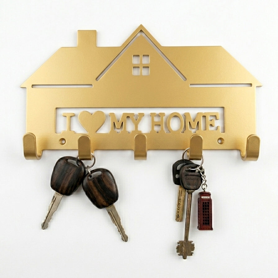 I Love My Home House-Shaped Wall Key Holder with 5 Hooks – Laser-Cut | Entryway Décor