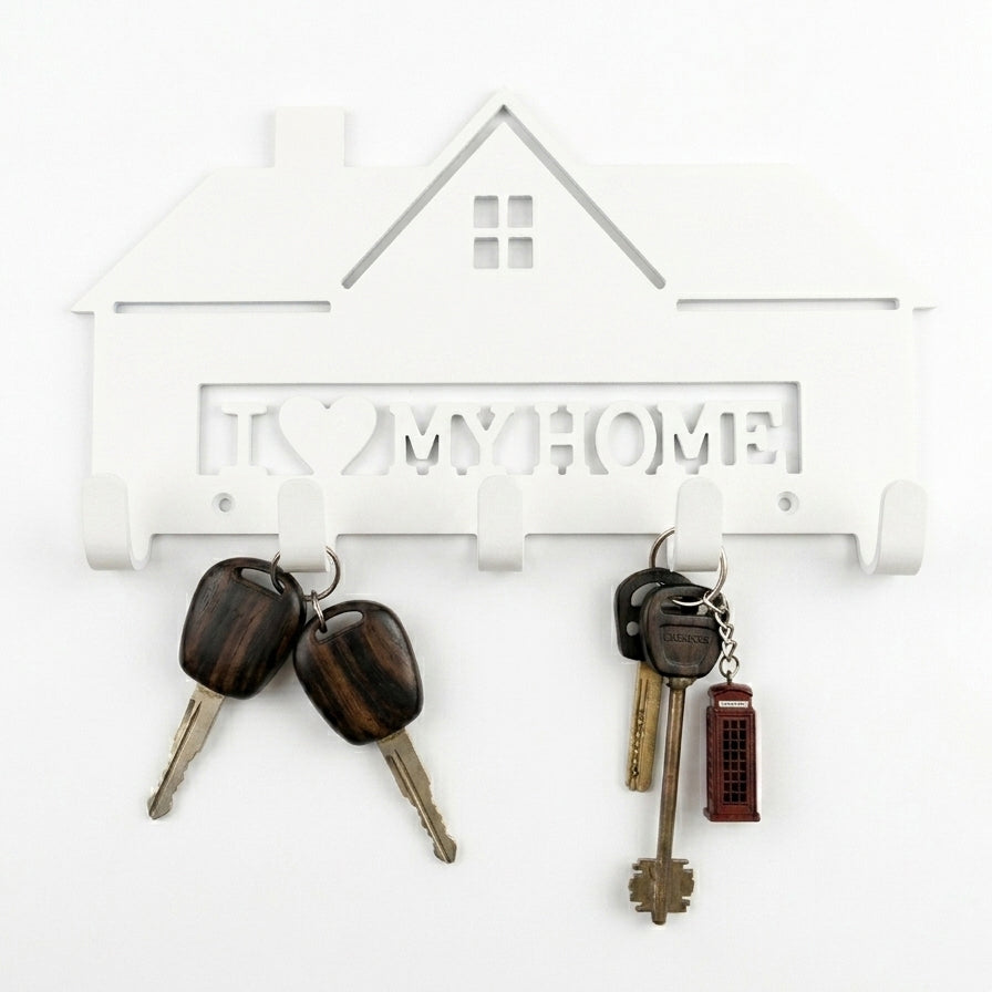 I Love My Home House-Shaped Wall Key Holder with 5 Hooks – Laser-Cut | Entryway Décor