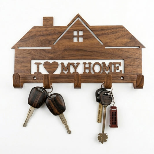 I Love My Home House-Shaped Wall Key Holder with 5 Hooks – Laser-Cut | Entryway Décor