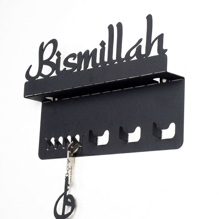 Bismillah Wooden Key Holder Shelf with Hooks – Wall Mounted | Islamic Home Décor