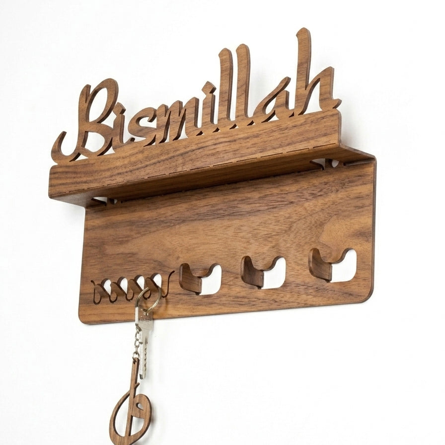 Bismillah Wooden Key Holder Shelf with Hooks – Wall Mounted | Islamic Home Décor