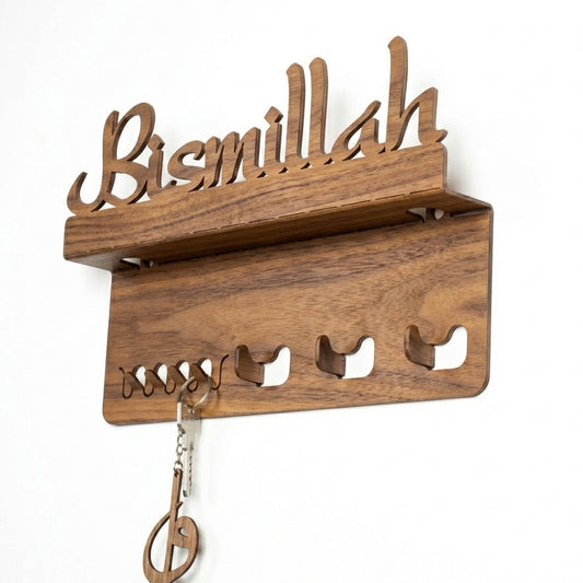 Bismillah Wooden Key Holder Shelf with Hooks – Wall Mounted | Islamic Home Décor
