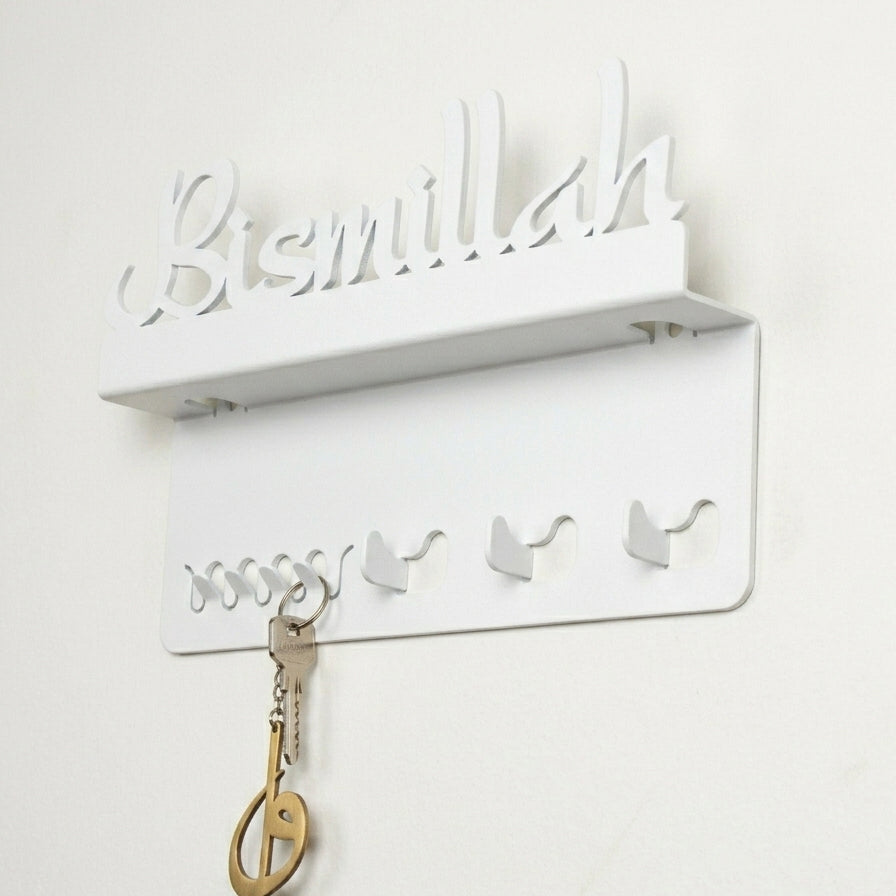Bismillah Wooden Key Holder Shelf with Hooks – Wall Mounted | Islamic Home Décor