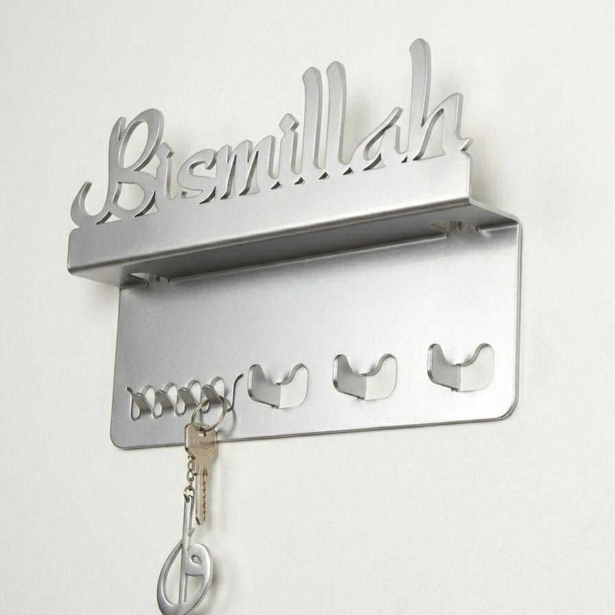 Bismillah Wooden Key Holder Shelf with Hooks – Wall Mounted | Islamic Home Décor