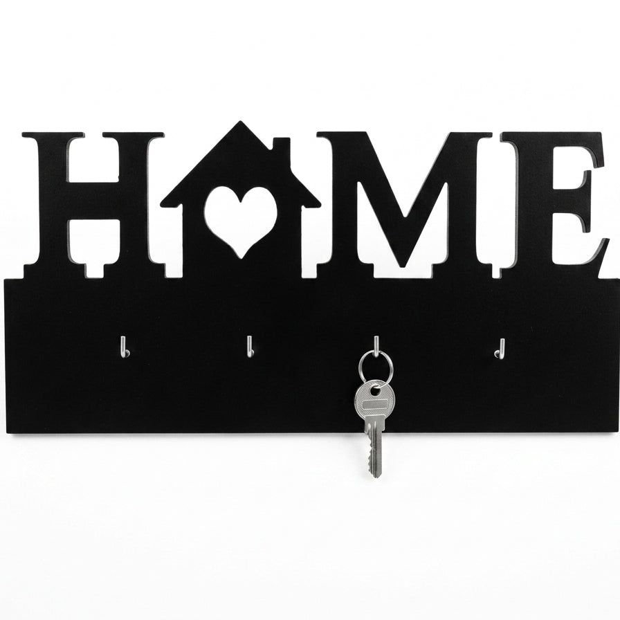 HOME Heart-House Wall Key Holder with 4 Hooks – Laser-Cut Metal & Wood | Entryway Décor