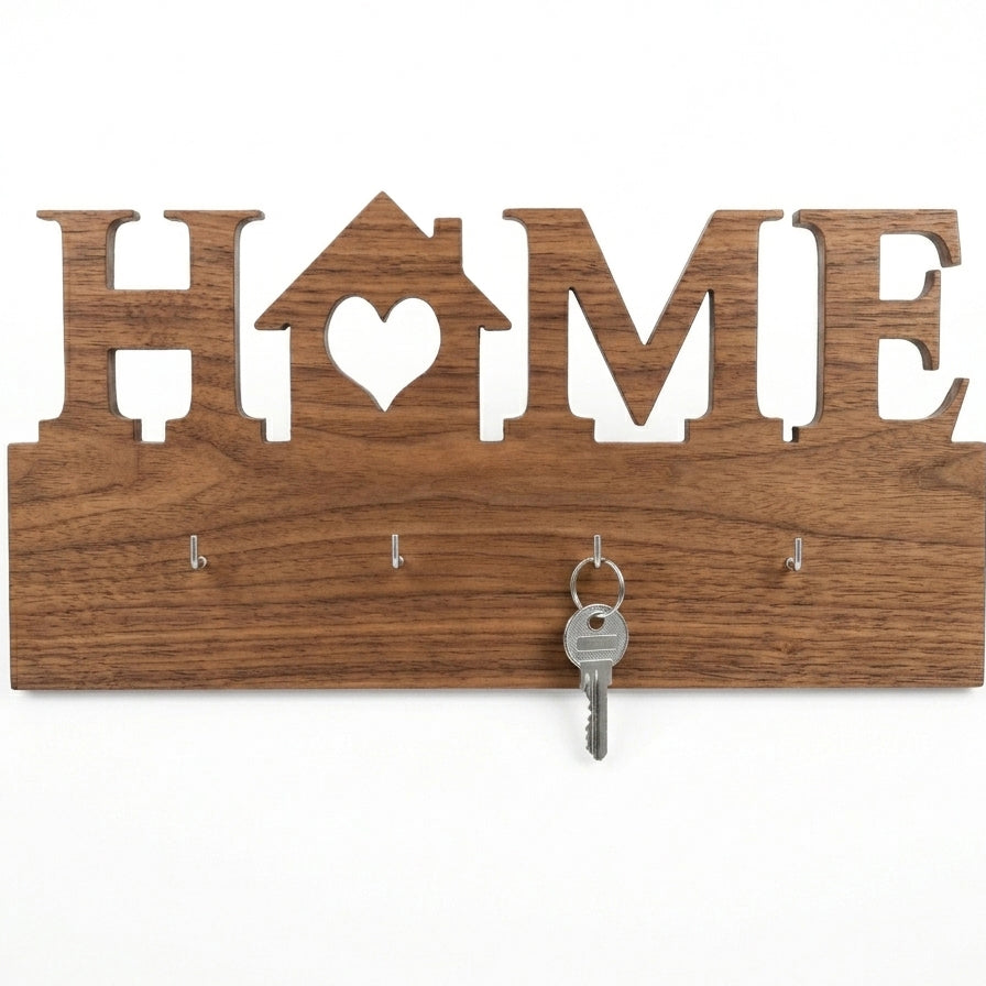 HOME Heart-House Wall Key Holder with 4 Hooks – Laser-Cut Metal & Wood | Entryway Décor