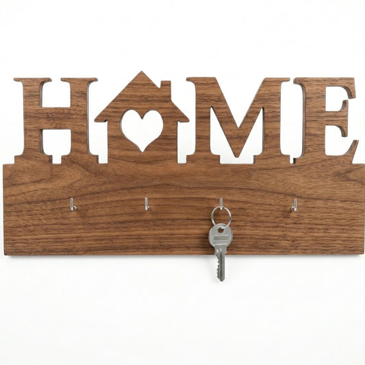 HOME Heart-House Wall Key Holder with 4 Hooks – Laser-Cut Metal & Wood | Entryway Décor
