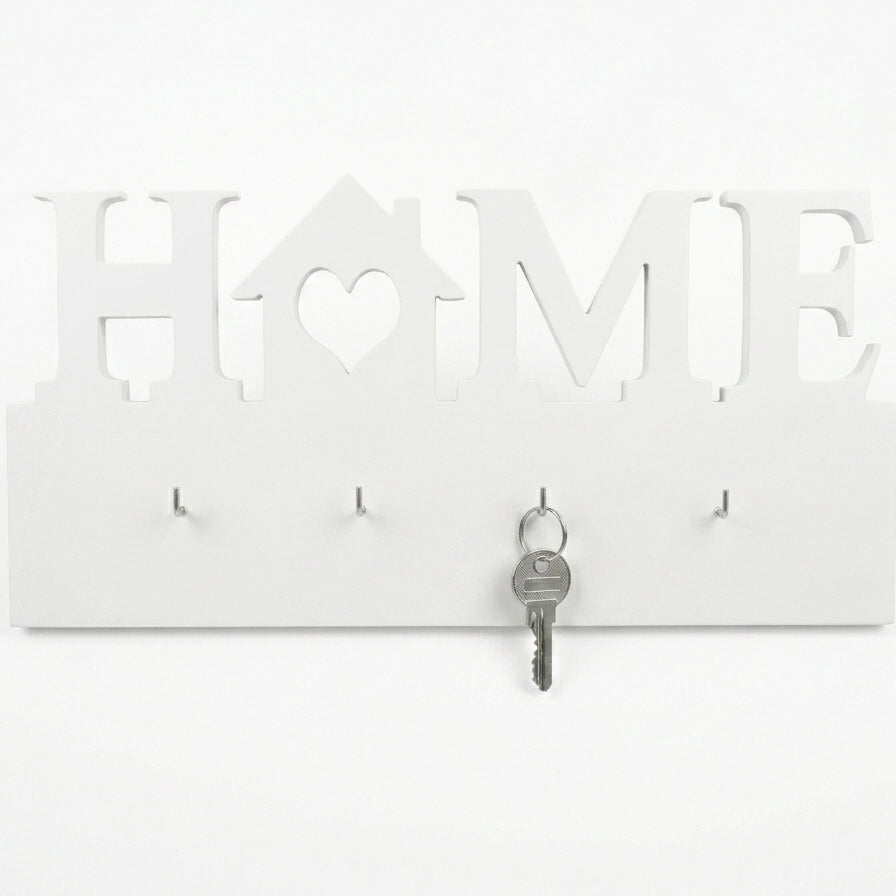 HOME Heart-House Wall Key Holder with 4 Hooks – Laser-Cut Metal & Wood | Entryway Décor