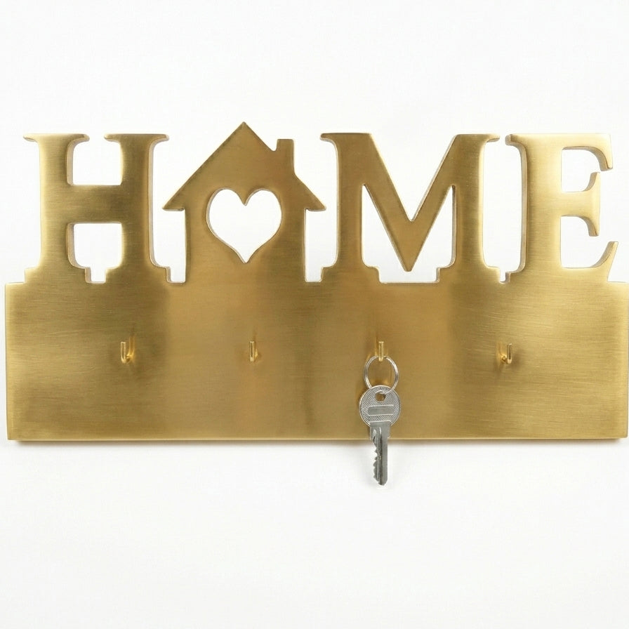 HOME Heart-House Wall Key Holder with 4 Hooks – Laser-Cut Metal & Wood | Entryway Décor