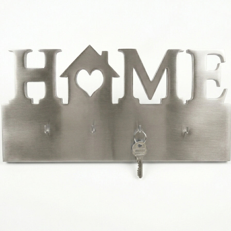 HOME Heart-House Wall Key Holder with 4 Hooks – Laser-Cut Metal & Wood | Entryway Décor