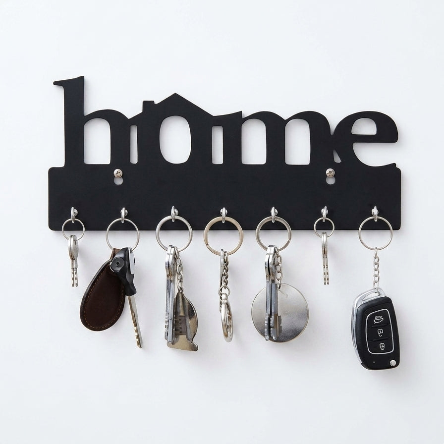 "home" Wall Key Holder with 7 Hooks – Laser-Cut Metal & Wood | Entryway Décor