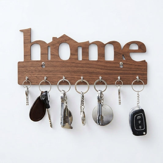 "home" Wall Key Holder with 7 Hooks – Laser-Cut Metal & Wood | Entryway Décor