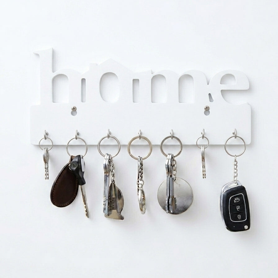 "home" Wall Key Holder with 7 Hooks – Laser-Cut Metal & Wood | Entryway Décor