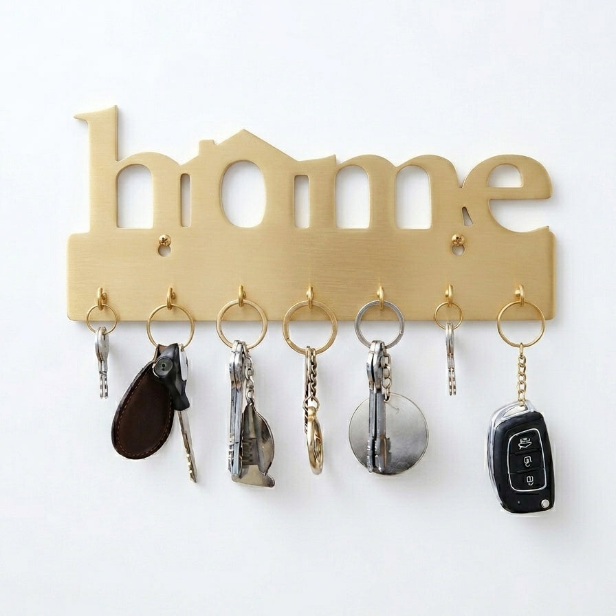 "home" Wall Key Holder with 7 Hooks – Laser-Cut Metal & Wood | Entryway Décor