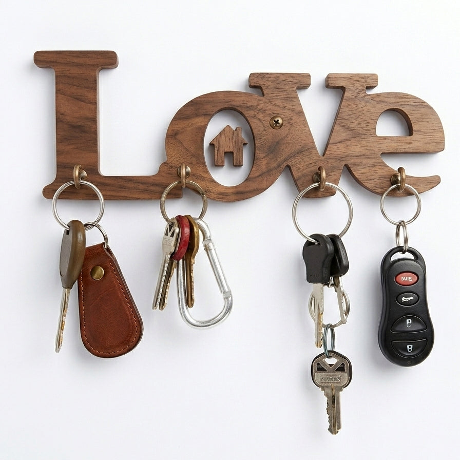 Love Wall Key Holder with Hooks – Laser-Cut Wood & Metal | Entryway Home Décor