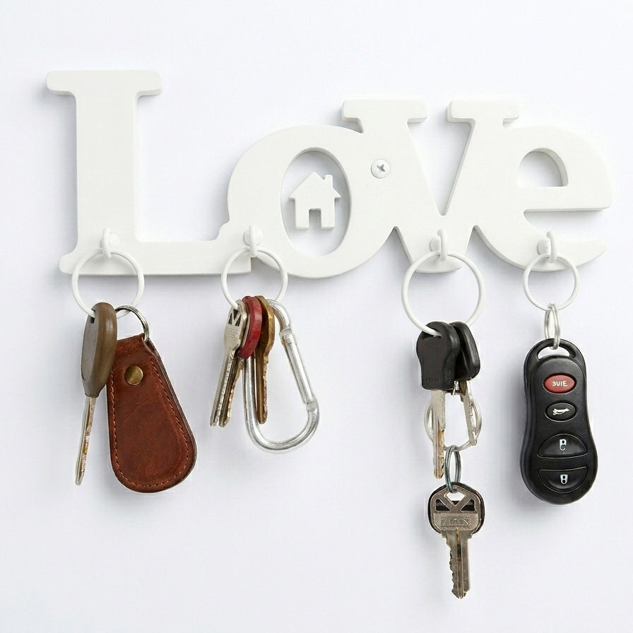 Love Wall Key Holder with Hooks – Laser-Cut Wood & Metal | Entryway Home Décor