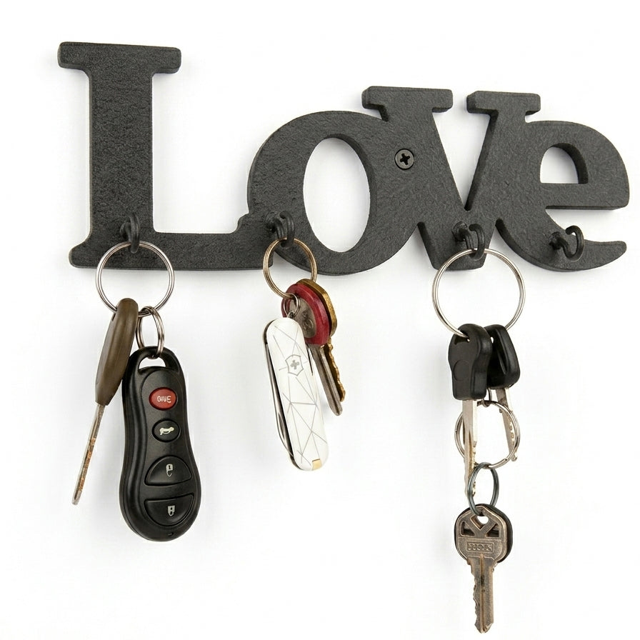 Love Wall Key Holder with Hooks – Laser-Cut Wood & Metal | Entryway Home Décor