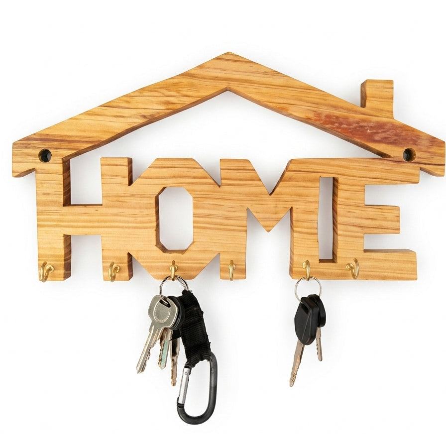 HOME House-Shaped Wall Key Holder with Hooks – Wooden & Metal | Entryway Wall Décor