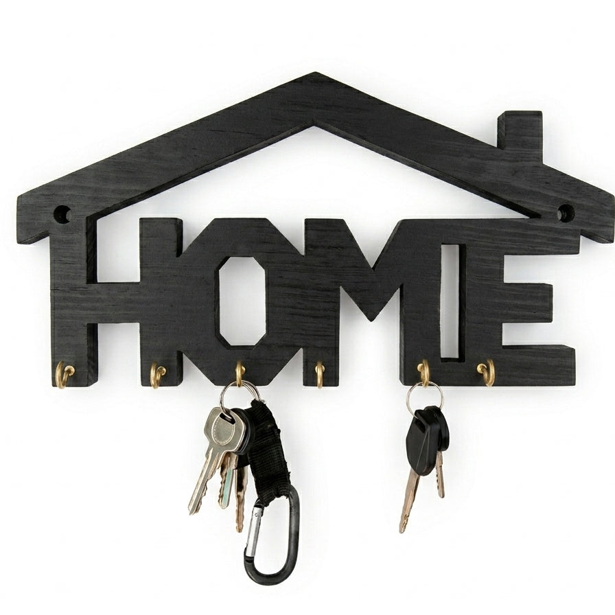 HOME House-Shaped Wall Key Holder with Hooks – Wooden & Metal | Entryway Wall Décor