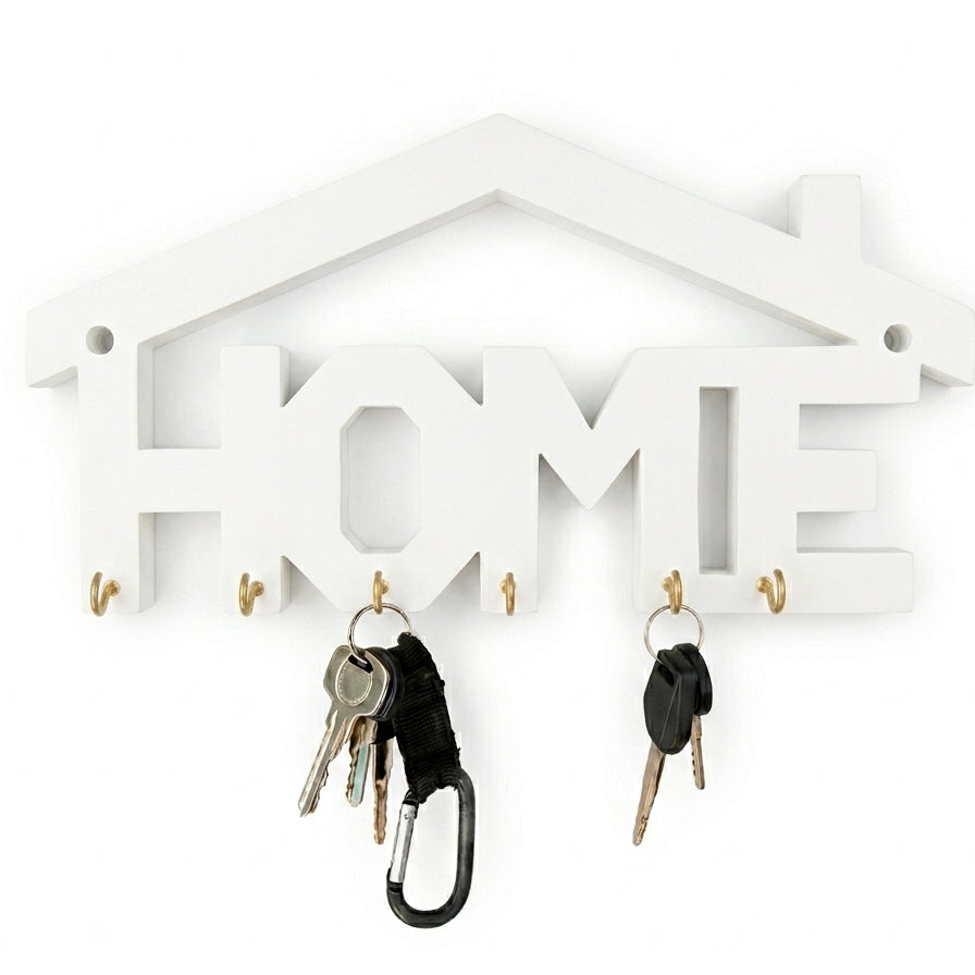 HOME House-Shaped Wall Key Holder with Hooks – Wooden & Metal | Entryway Wall Décor