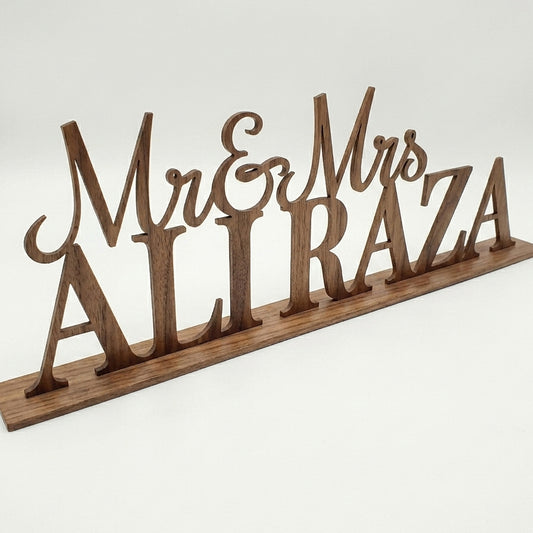 Customized Mr & Mrs Name Sign with Base Décor – Handcrafted Wood | Wedding Gift | 5 Colors