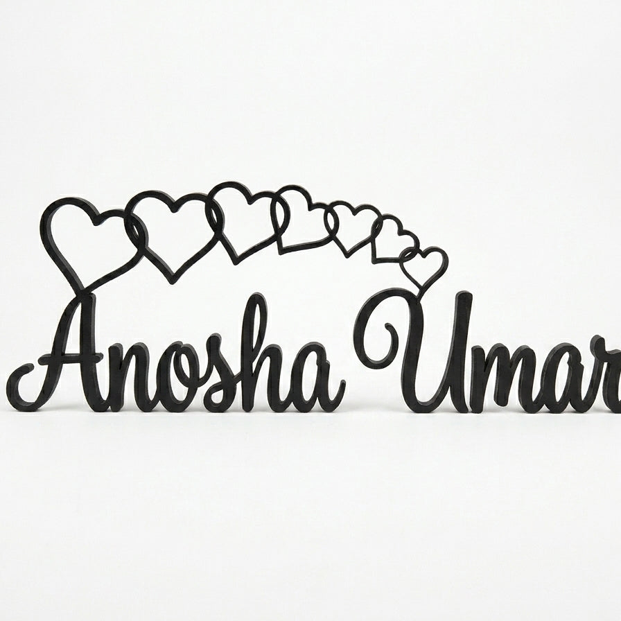 Customized Name with Cascading Hearts Script Desk Décor – Handcrafted Wood | 5 Colors