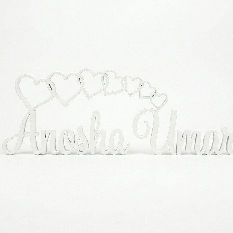 Customized Name with Cascading Hearts Script Desk Décor – Handcrafted Wood | 5 Colors