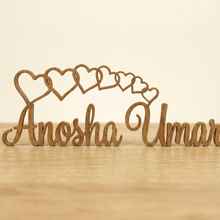 Customized Name with Cascading Hearts Script Desk Décor – Handcrafted Wood | 5 Colors