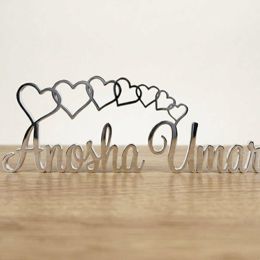 Customized Name with Cascading Hearts Script Desk Décor – Handcrafted Wood | 5 Colors
