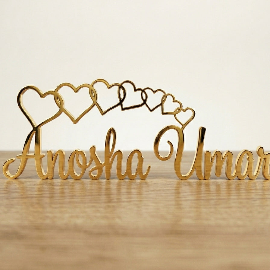 Customized Name with Cascading Hearts Script Desk Décor – Handcrafted Wood | 5 Colors