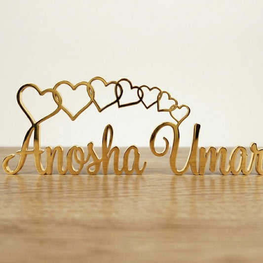 Customized Name with Cascading Hearts Script Desk Décor – Handcrafted Wood | 5 Colors