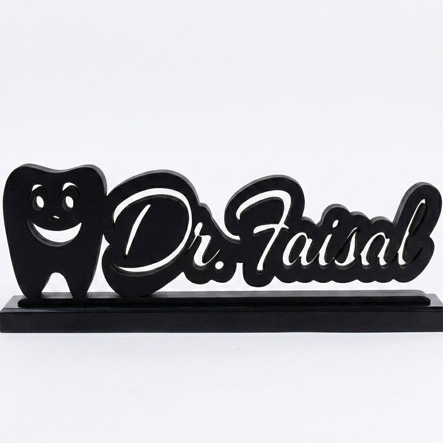 Customized Dentist Name Smiling Tooth Script Desk Décor – Handcrafted Wood | Dentist Gift | 5 Colors