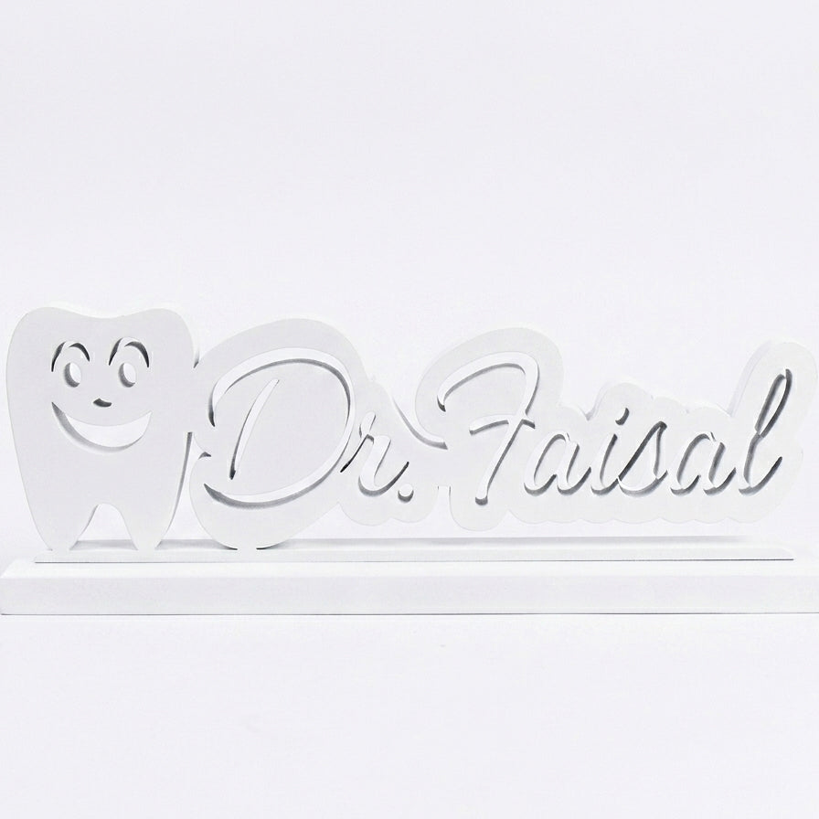 Customized Dentist Name Smiling Tooth Script Desk Décor – Handcrafted Wood | Dentist Gift | 5 Colors