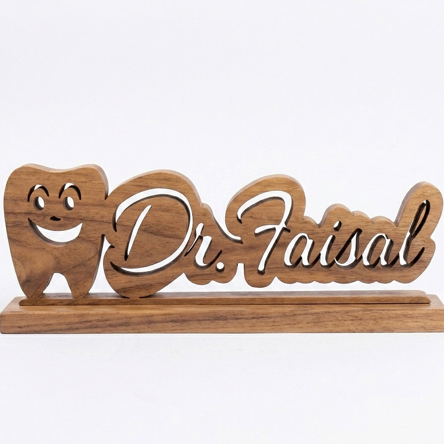 Customized Dentist Name Smiling Tooth Script Desk Décor – Handcrafted Wood | Dentist Gift | 5 Colors