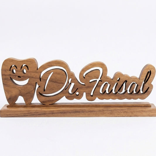 Customized Dentist Name Smiling Tooth Script Desk Décor – Handcrafted Wood | Dentist Gift | 5 Colors