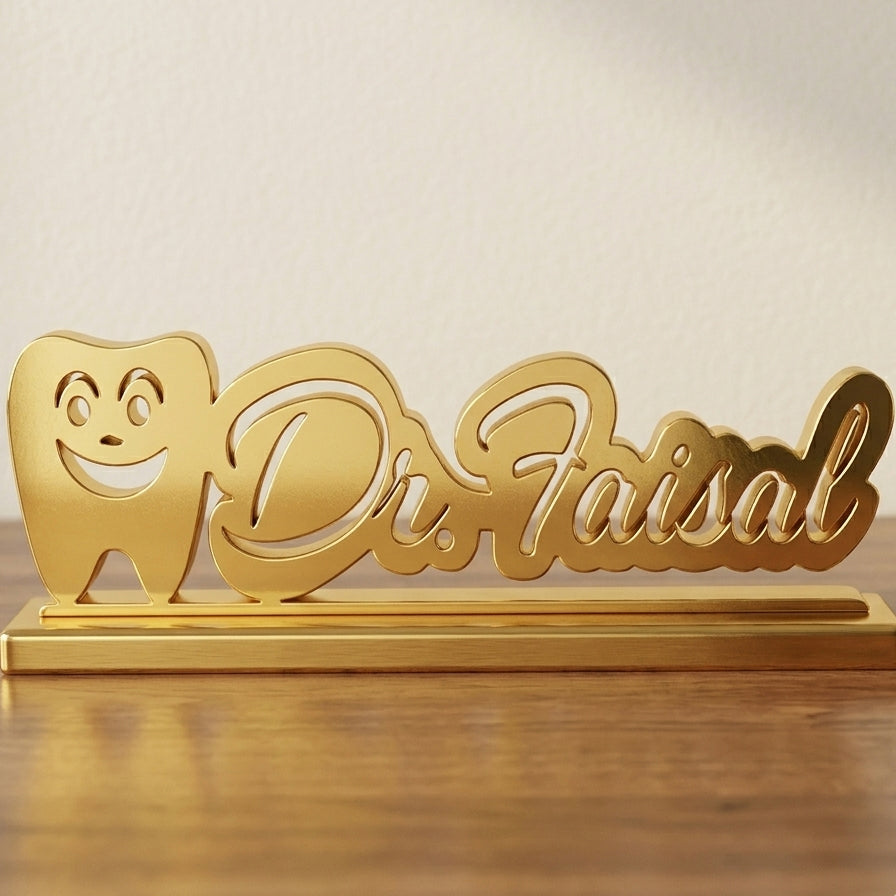 Customized Dentist Name Smiling Tooth Script Desk Décor – Handcrafted Wood | Dentist Gift | 5 Colors