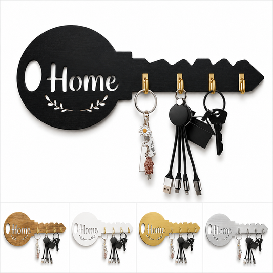 Decorative Wooden Key Shape Wall Hanger with Hooks – Home Cutout | Key Holder for Wall